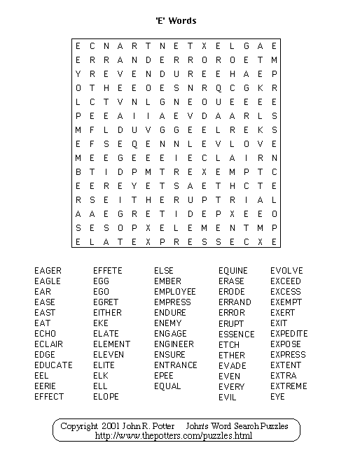 John's Word Search Puzzles: 'E' Words