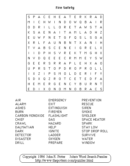 John's Word Search Puzzles Fire Safety