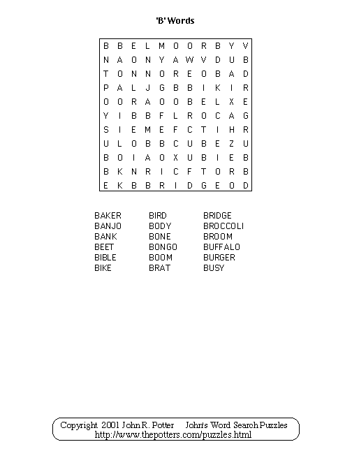 John's Word Search Puzzles: Kids: 'B' Words