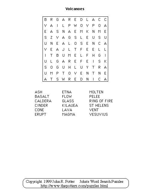 John's Word Search Puzzles: Kids: Volcanoes