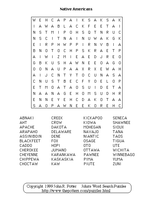 Native Americans Wordsearch Puzzle